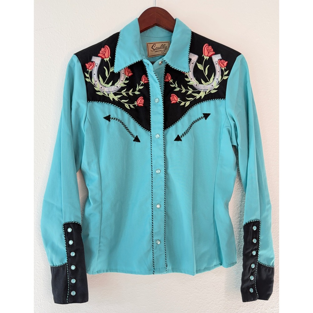 Vintage Scully Western Shirt Embroidered Rose Horseshoe Turquoise Snap Top Rodeo